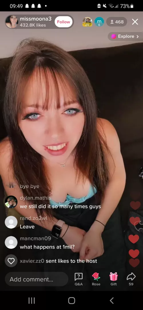 1 mil likes she takes it off, someone missunderstanded her so goal wasnt 500 viewers so get her to 1 mil its not a scam by ScarcityUnique4255