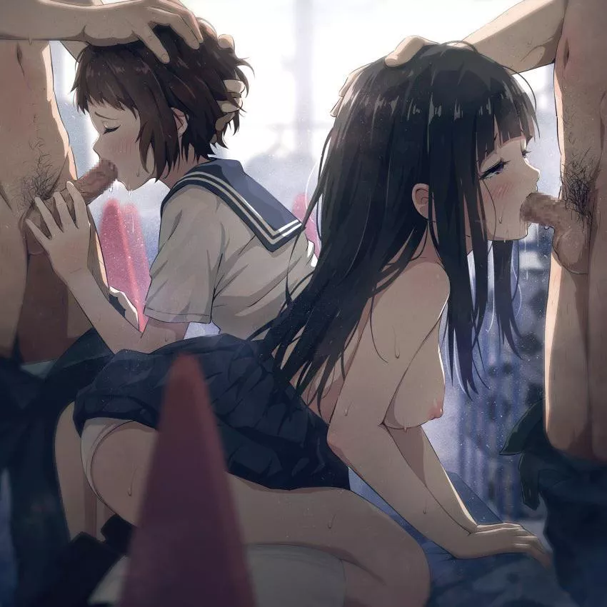 2 girls giving sloppy, love how he holds the girl on the left (Asabu202) [Hyouka] posted by TheSofterTheBetter