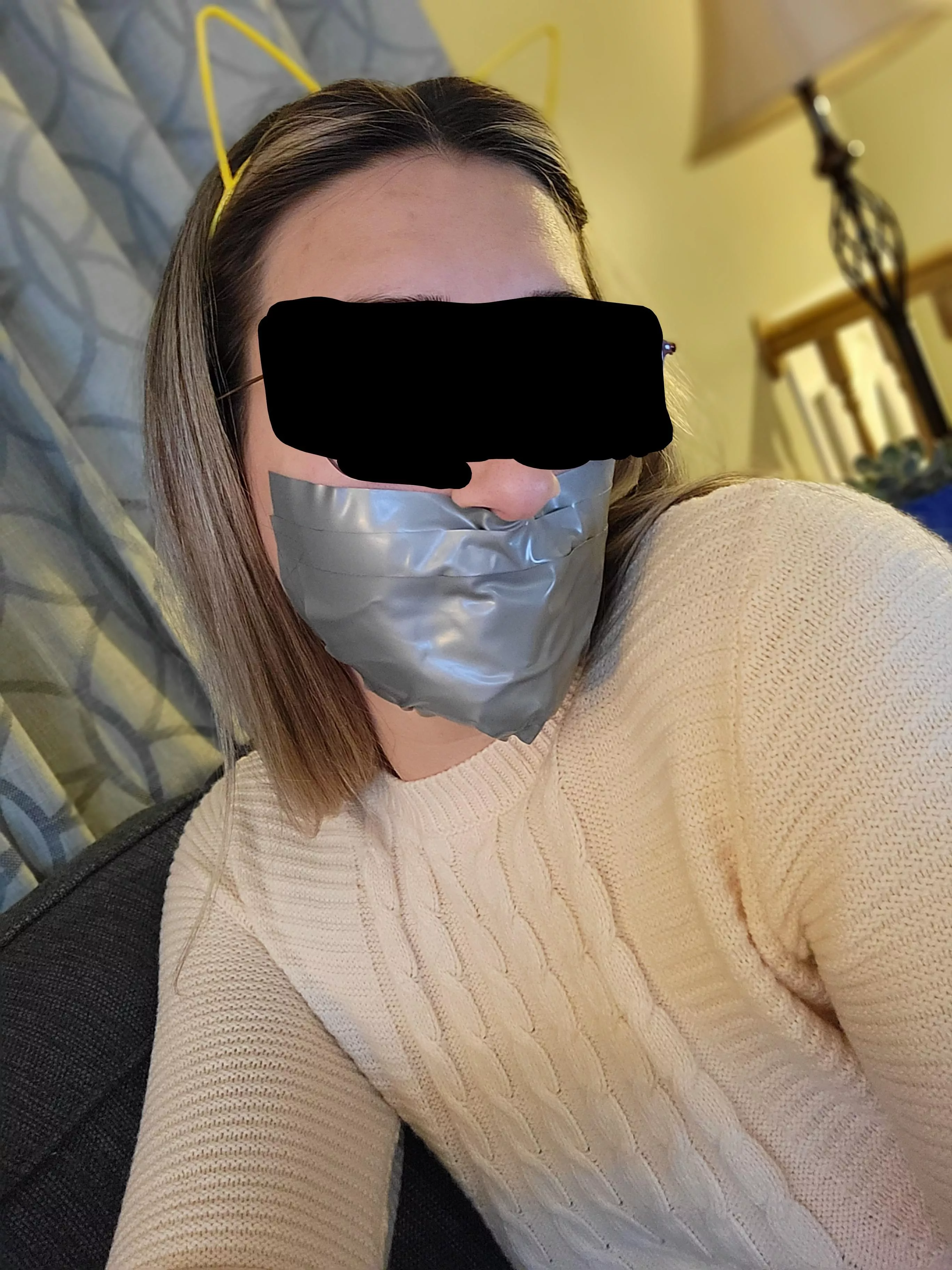 4 strips of Grey PVC tape makes [F]or a quiet evening 🤐 (OC) posted by collaredbabe