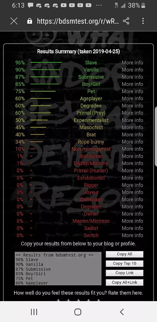 A bdsm test I took when I was 16 I'm 19 right now I was definitely a kinky boy. posted by destructionseris