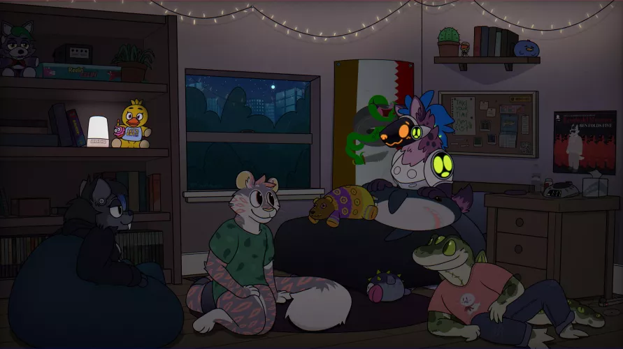A Bedroom Scene i did, featuring some frens' ocs by FinnProtoyeen