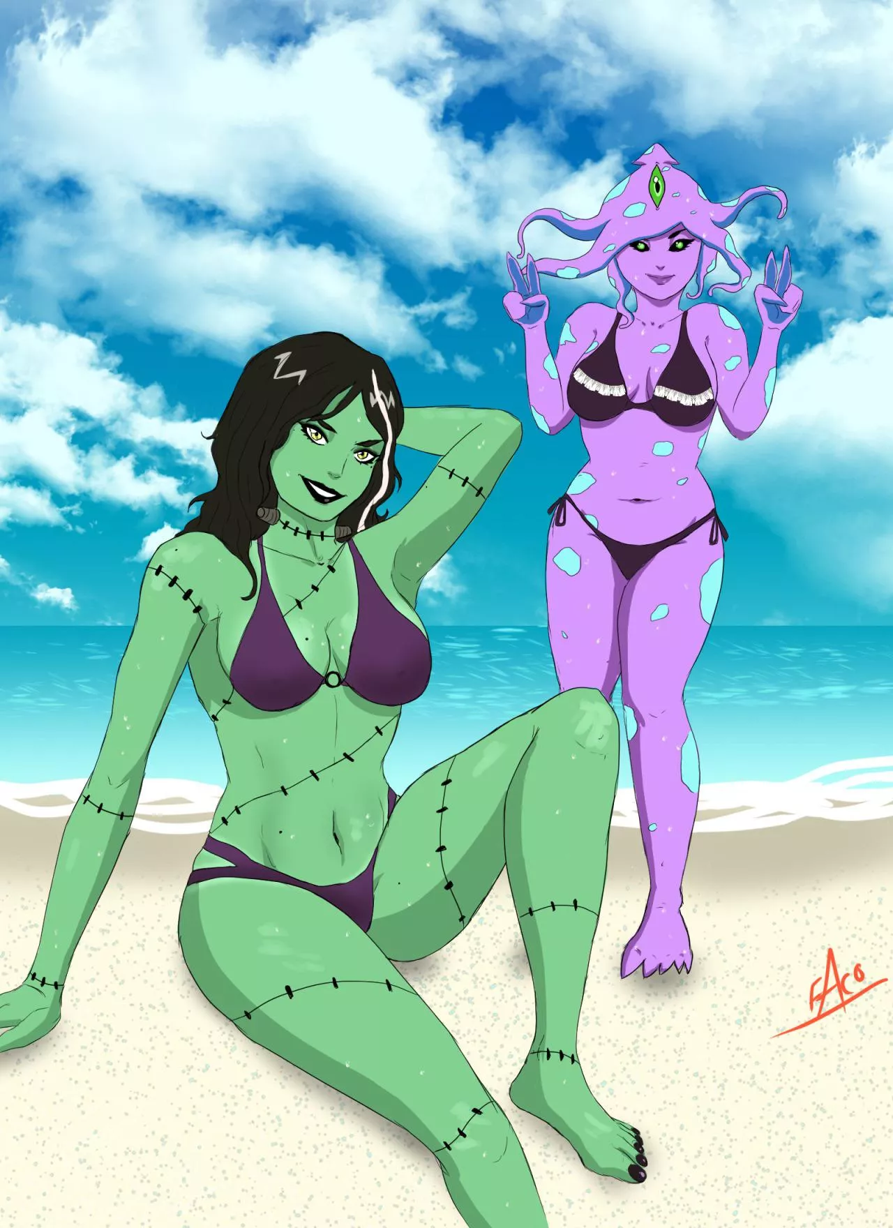 A couple of monster girls on the beach I drew (faconator) posted by el_faconator