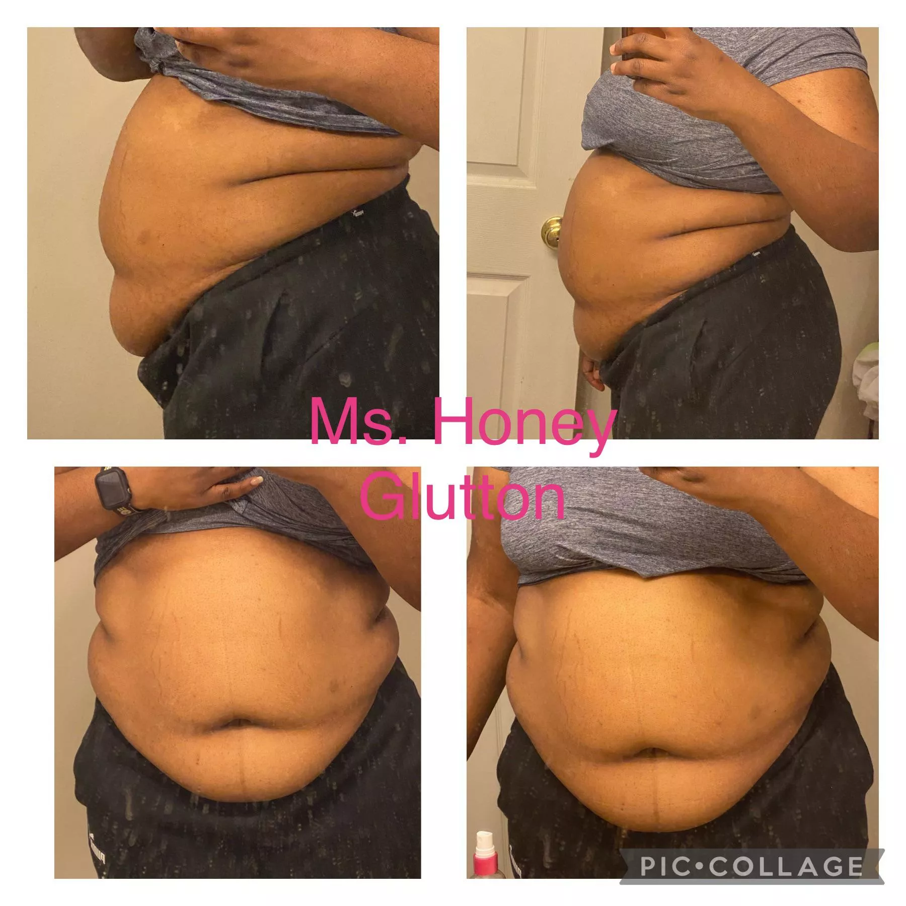 A month ago today. Same top, same pants, bigger belly…. I’m not growing too fast am I?😳 posted by Mshoneyglutton