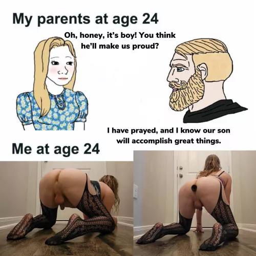 A sissy only has two moods: (1) horny; (2) horny & denied (both images credited to u/Miley_Sissy) by AvailableSorbet8050