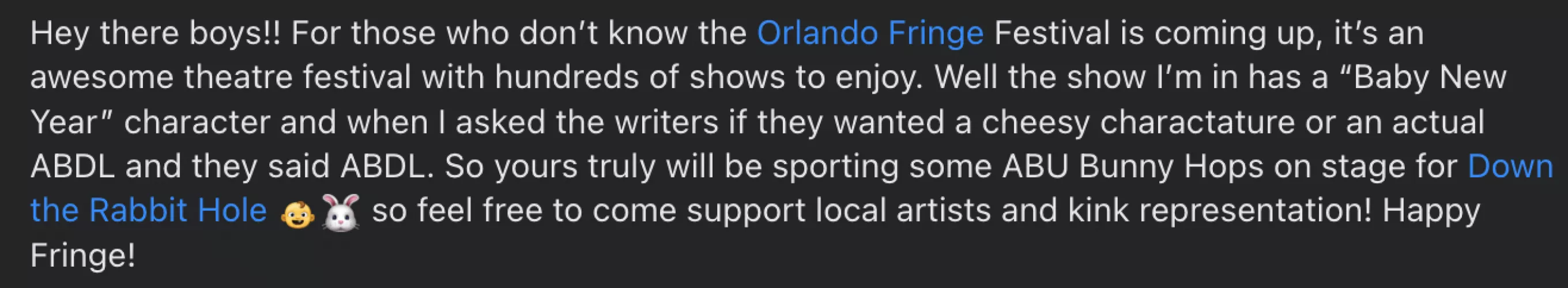 Actor to wear Bunny Hopps in live Orlando play by AccountForABDL