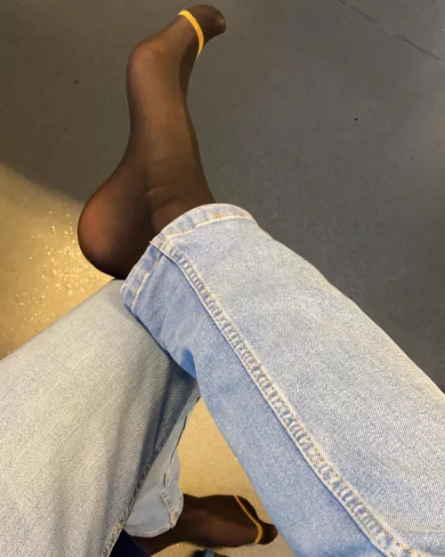 airing out my sweaty ultra thin black sheersockfeet at work craving a human footstool! by AustrianAlpha