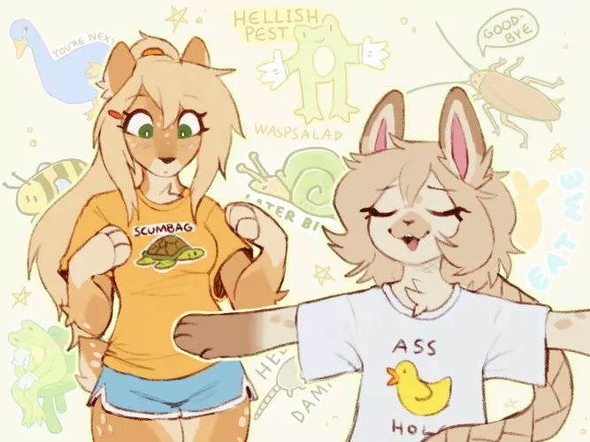 Almond and Torpor showing off my highly intelligent shirt designs by waspsalad