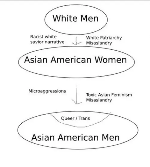 Asian men experience intersectional oppression due to being at the intersection of asian and male in western society. Asian misandry, or misasiandry, is created as part of the white patriarchy and it's ideas are reproduced by Asian women. by booksmoothie