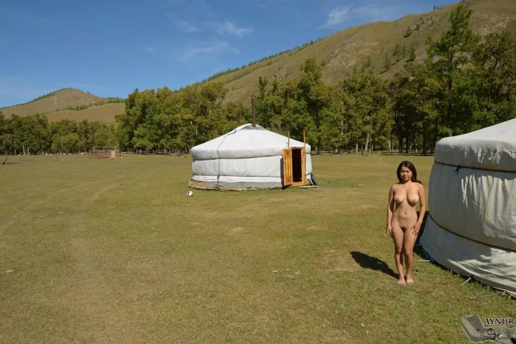 Aynur nude. In front of her Mongolian yurt. by c_hollander