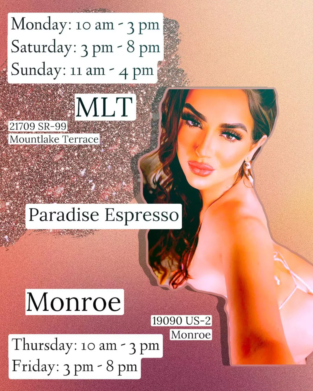 @barista_sunshyne Come see me this week! MLT: 21709 SR-99 Mountlake Terrace Monday: 10 am - 3 pm Saturday: 3 pm - 8 pm Sunday: 11 am - 4 pm Monroe: 19090 US-2 Monroe WA Thursday: 10 am - 3 pm Friday: 3 pm - 8 pm posted by AttitudeImpossible26