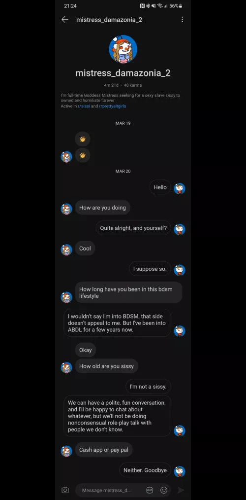 Be on lookout. If this user accosts you, be aware of a scam artist. by Wesabdl