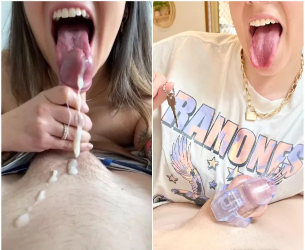 Before & After his cage arrived. Now that you’re caged do you think you could handle cleaning up all that cum for me? My tongue is only for teasing. by Myassisforyou