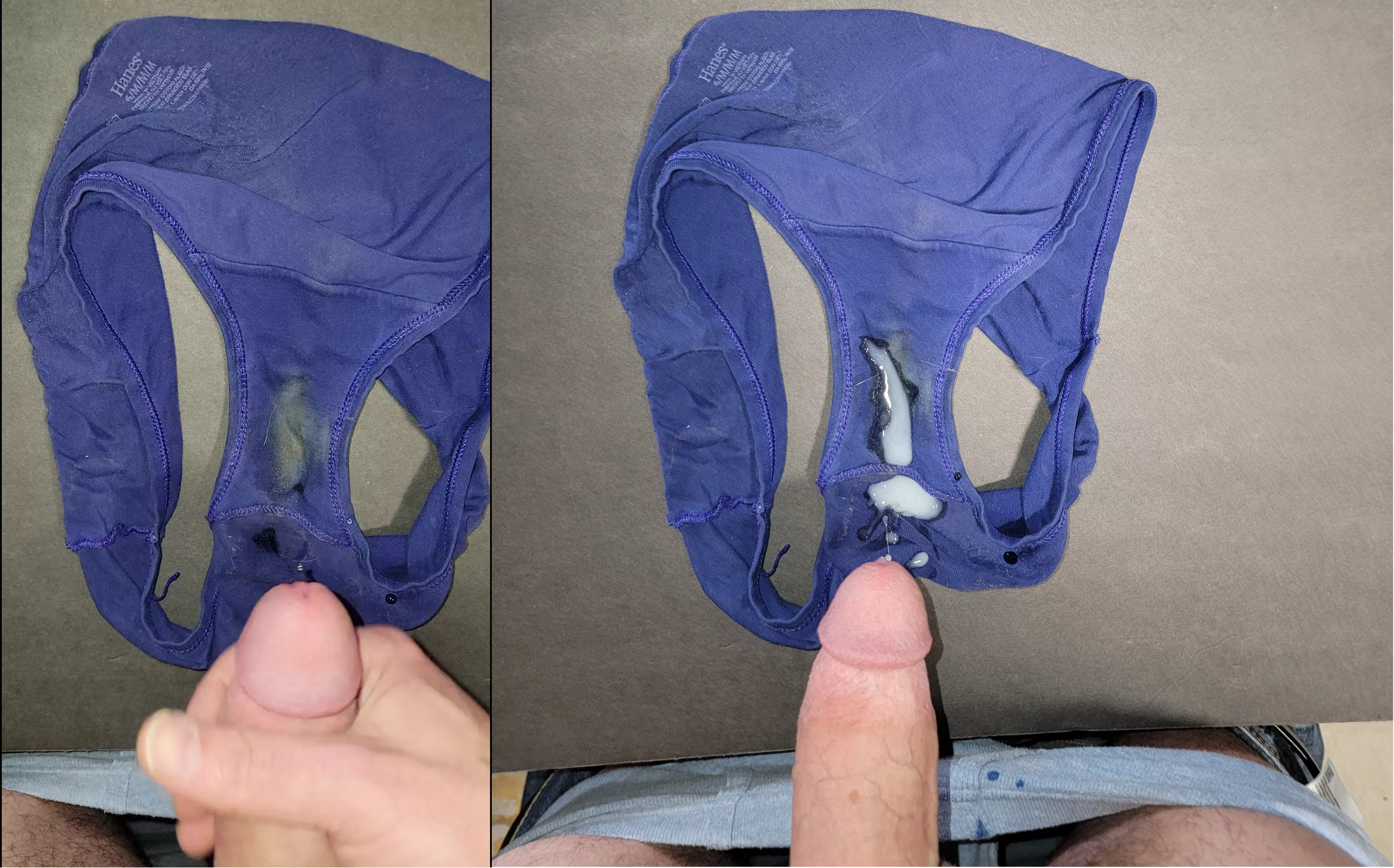 Before and after on my wifes dirty panties posted by smalldickhubby2020