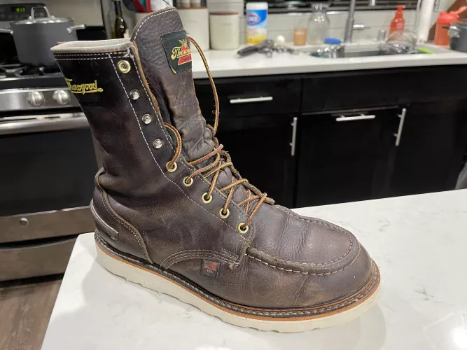 BIFL post, Thorogood WP 814-3800. 18 months of aircraft maintenance in the US PNW. Recently resoled, no other care or maintenance ever done and no failures or leaks. by meatyokker