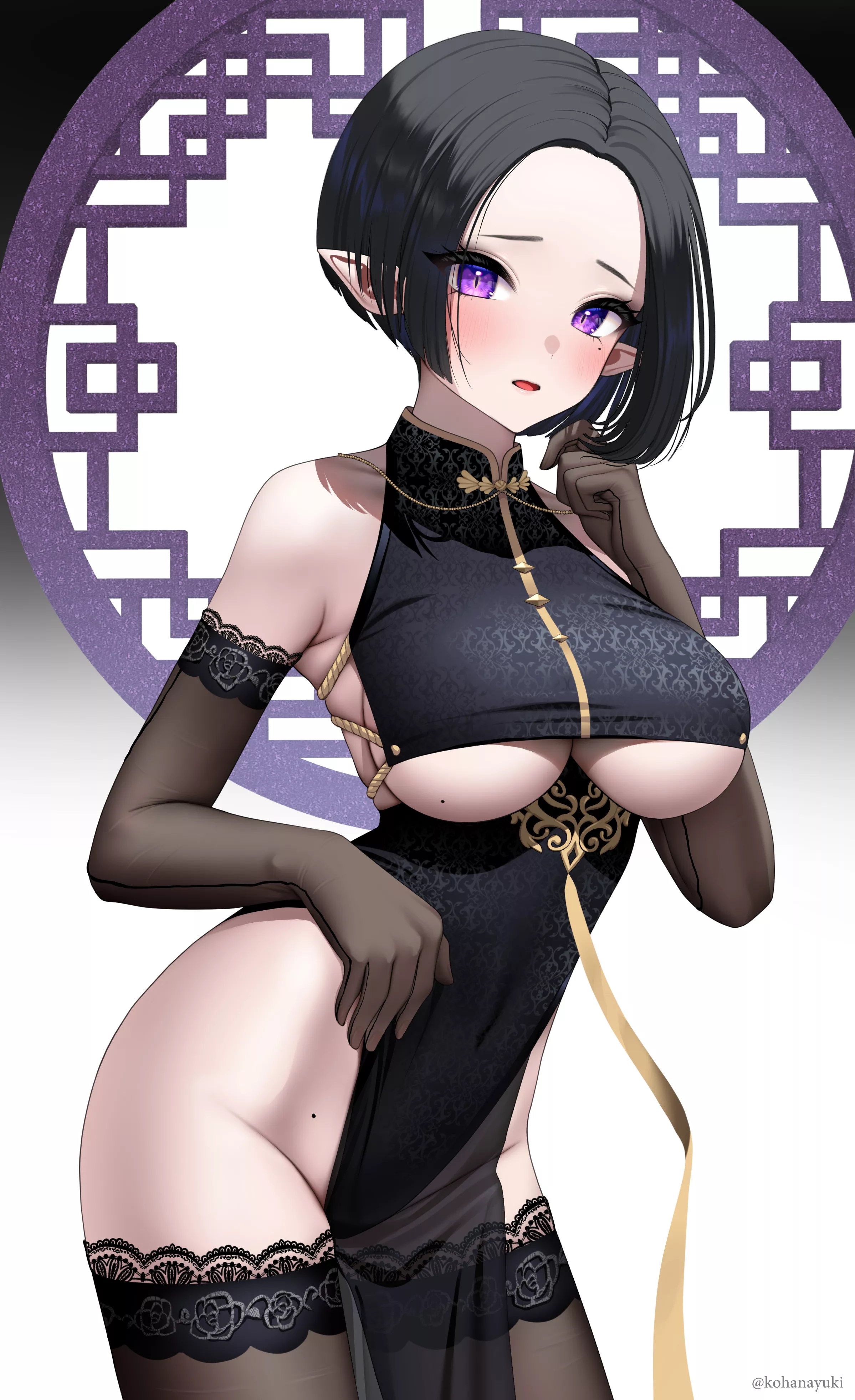 Black Lace Cheongsam Purple Eyed Elf (Kohanayuki ) [Original] posted by sequence_string