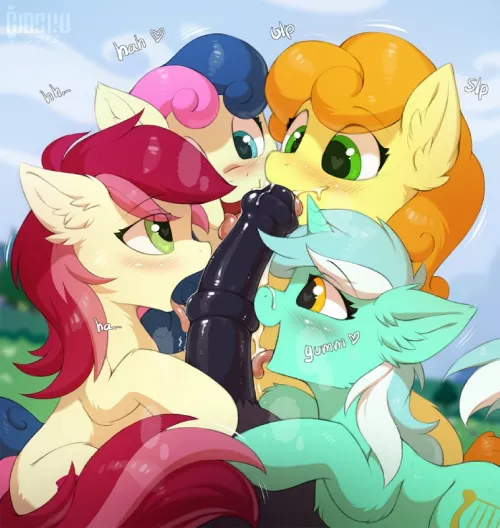 Bonbon, Carrot, Lyra and Rose all want to taste your precious horse cock, will you let them? [FFMFF] (hioshiru) by RainDMask