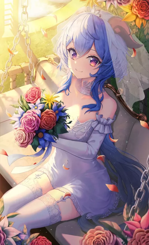 Bride Ganyu with bouquet on swing (qmflwlsk) [Genshin Impact] by elegantloveglimmer