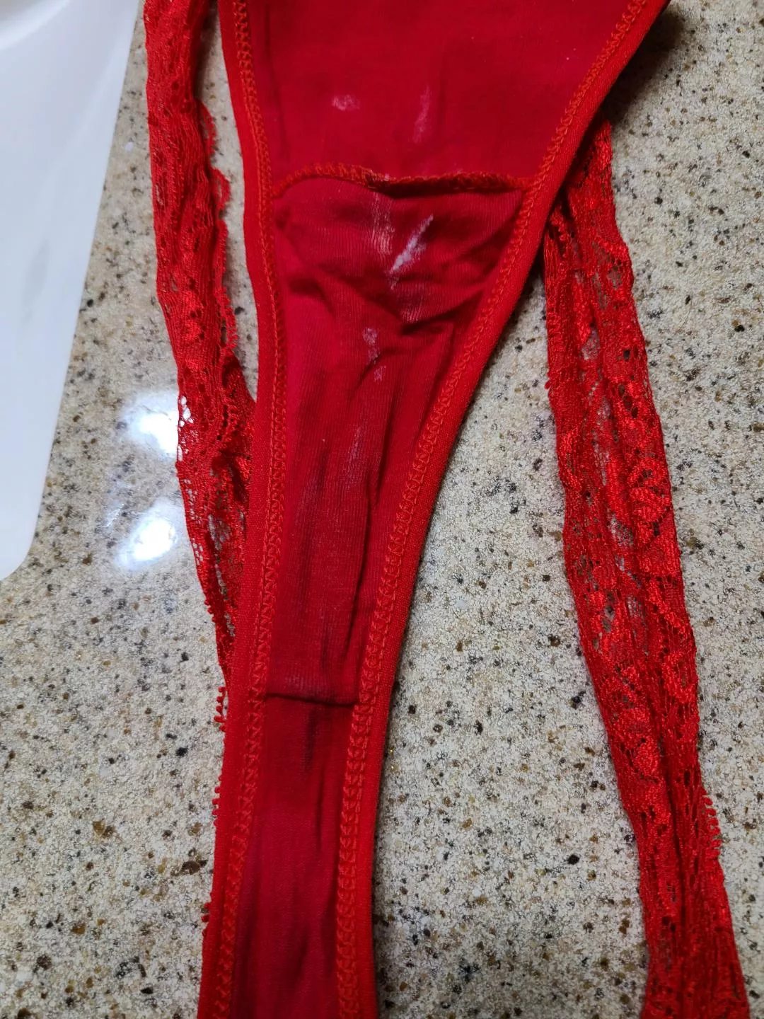 Bright red thong, with cum and pee :) posted by drummer3088