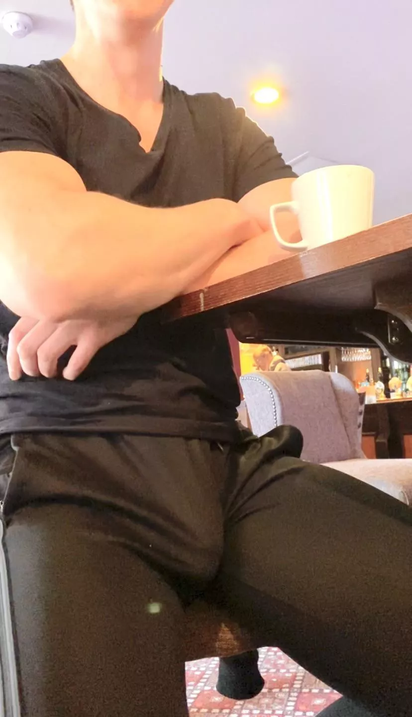 Bulging in a tracksuit while talking to a random person in a cafe today. Video soon on my Only Fans page! posted by Bob_Shaft_