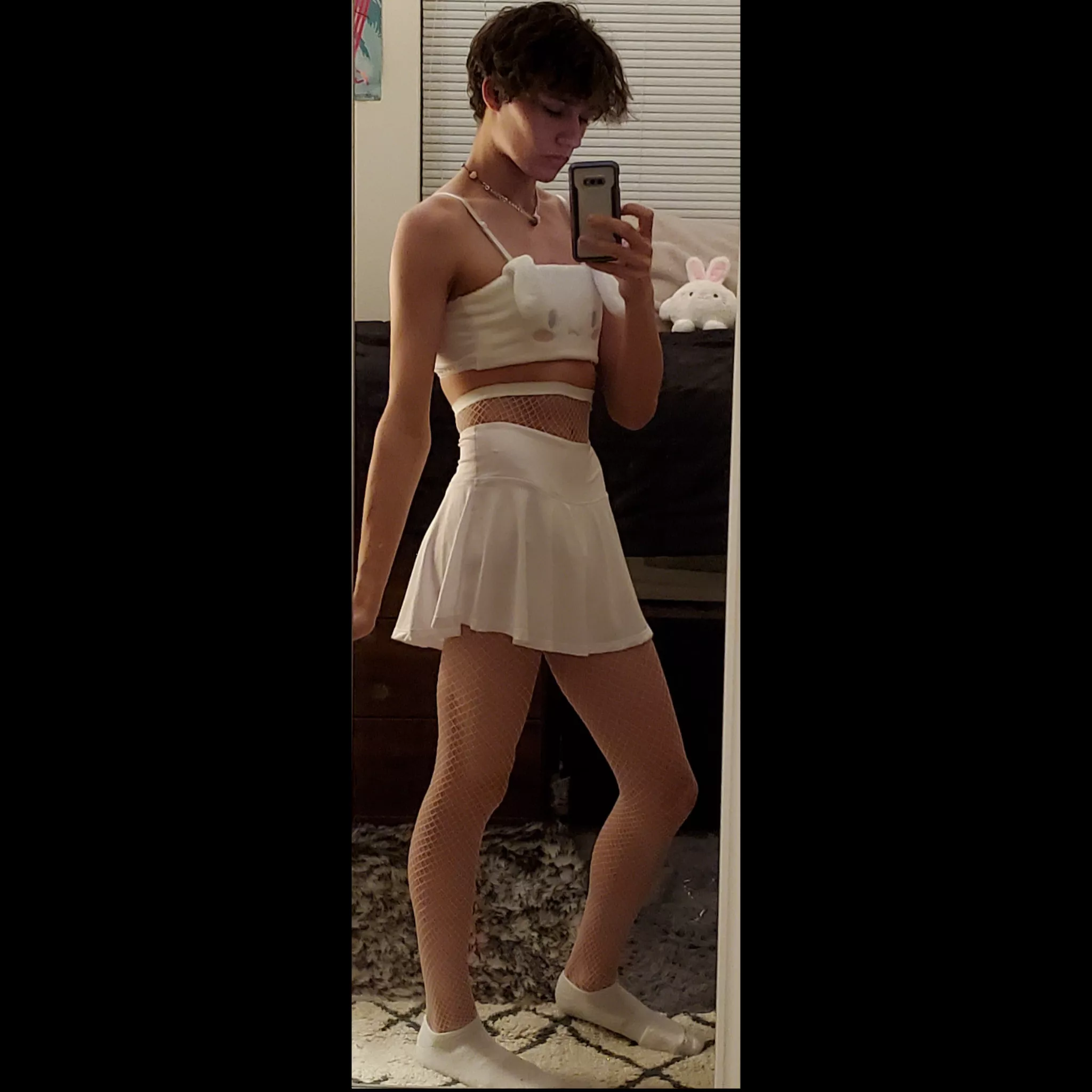 Bunny bra+tennis skirt+fishnets=happy bunny boy🐰💖. Happy Easter Everyone U^ω^U 💕. posted by Wolfgangg927