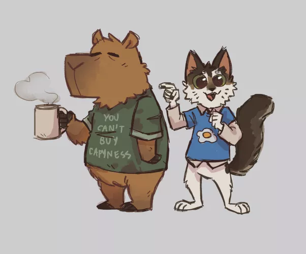 Capybara, cat, coffee and eggs (art by me @_capycorn) by _capycorn