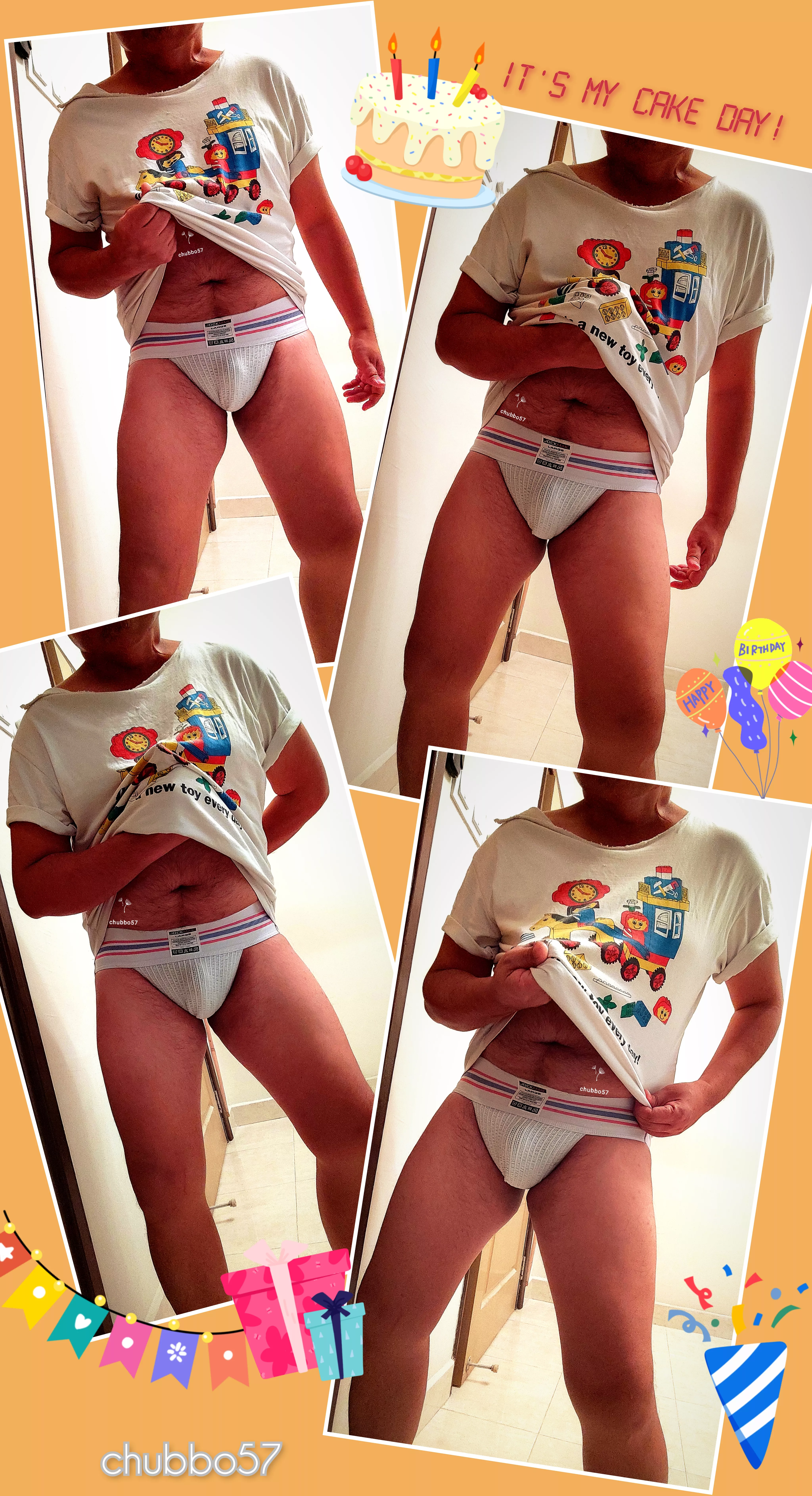 Celebrating 1 year on Reddit in my favourite white jockstrap. 🎉🎂🎁🎈🎊 posted by chubbo57