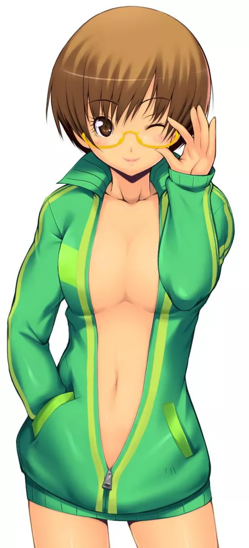 Chie in just her jacket by VampireQueenDespair