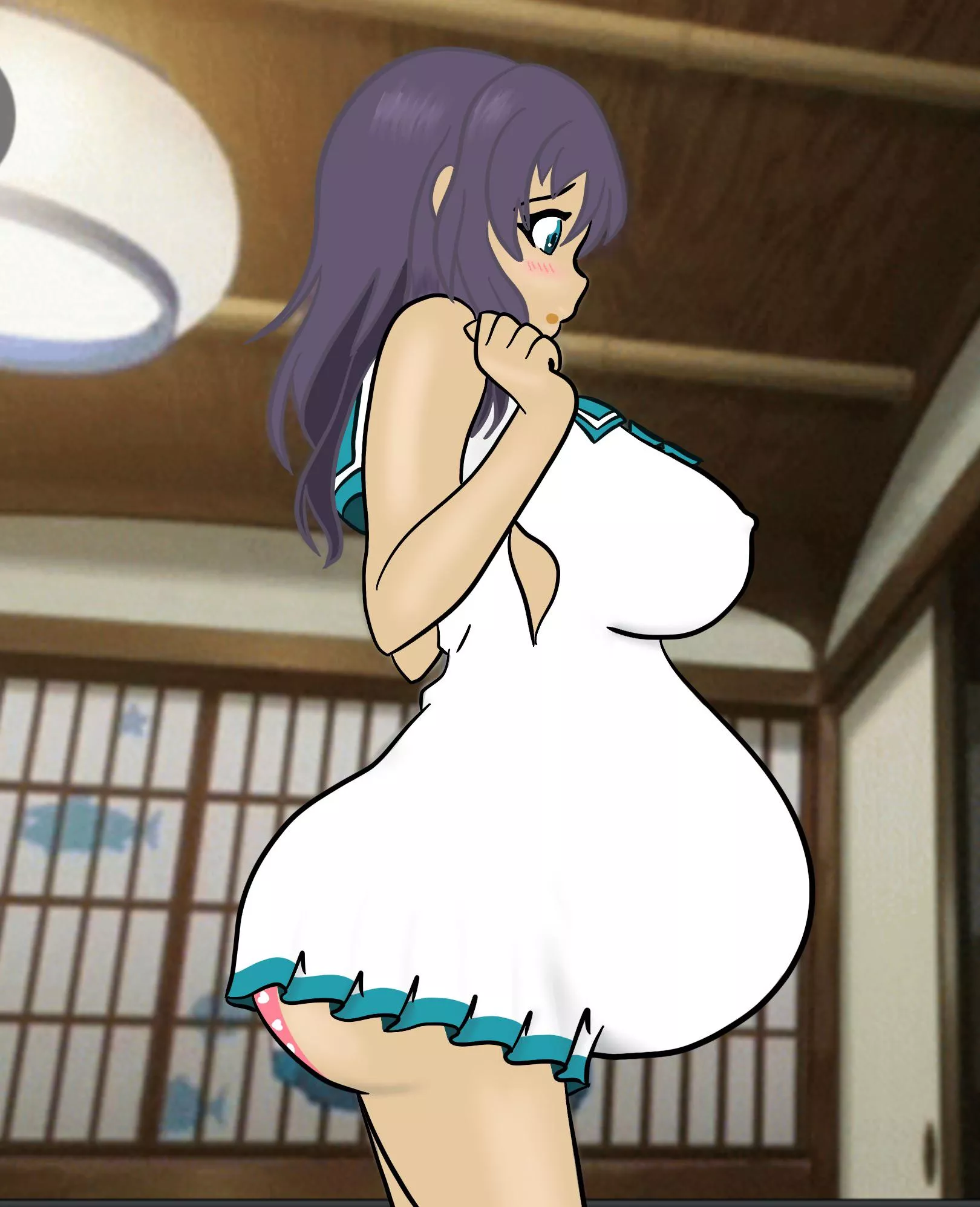 Chisaki trying on her uniform again during pregnancy posted by TurnStylist