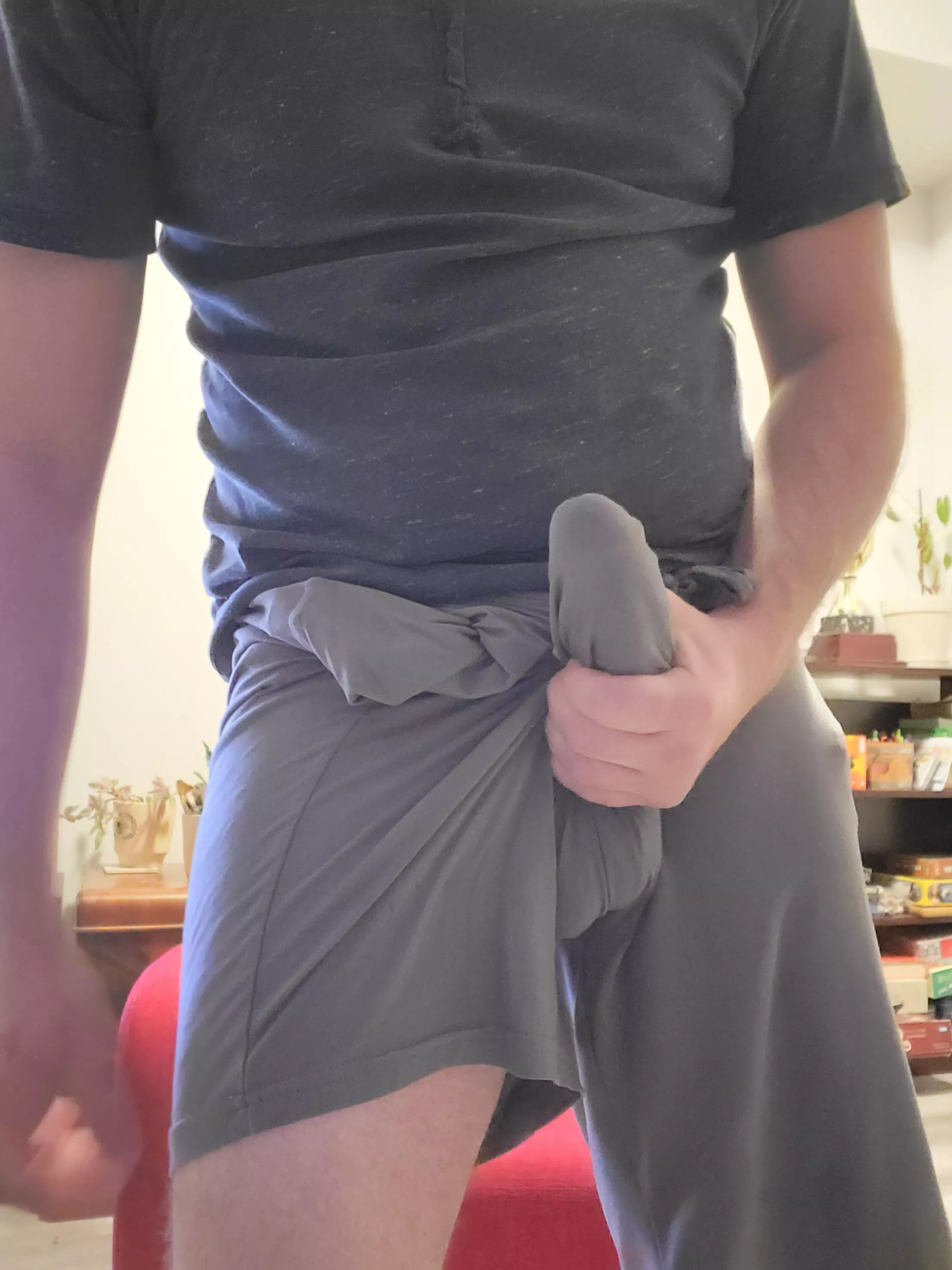 Cock and balls outline in grey shorts posted by TheCanadianThroaway