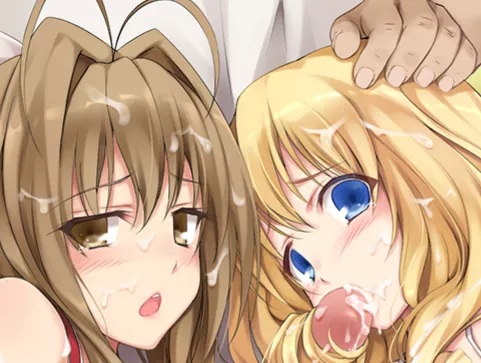 Color: 1boy, 2girls, antenna hair, bare shoulder, bikini strap, blonde hair, blowjob/fellatio, blue eyes, blush, bra strap, brown hair, close up, cum on hair, face, facial, hair intakes, hairjob, hand on another's head, looking at viewer, open mouth, or posted by HentaiSource_Archive