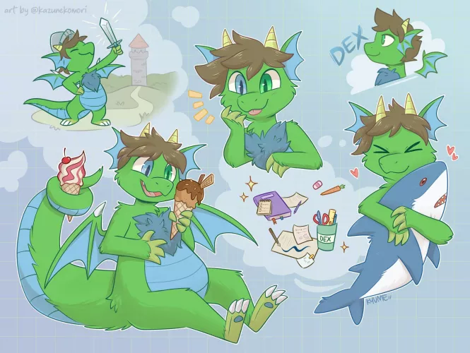 Commission doodles of Dex the fluffy dragon! [art by me @kazunekomori on twitter] by kazunekomori