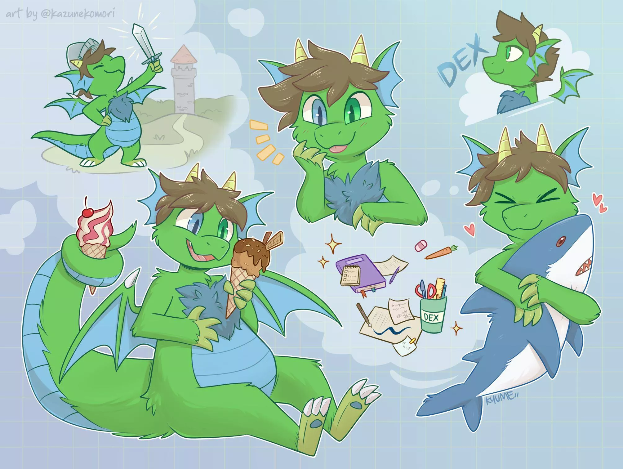Commission doodles of Dex the fluffy dragon! [art by me @kazunekomori on twitter] posted by kazunekomori