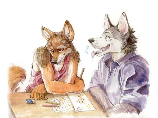 Coyote and Husky are classroom buddies; invent a story about them ! (watercolor art by me, @akatan_art on Twitter) by akatan_art