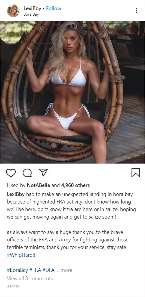 (cuntagram) - had to emergrncy land in bora bay because of fra activity!!! posted by LexiBMDE