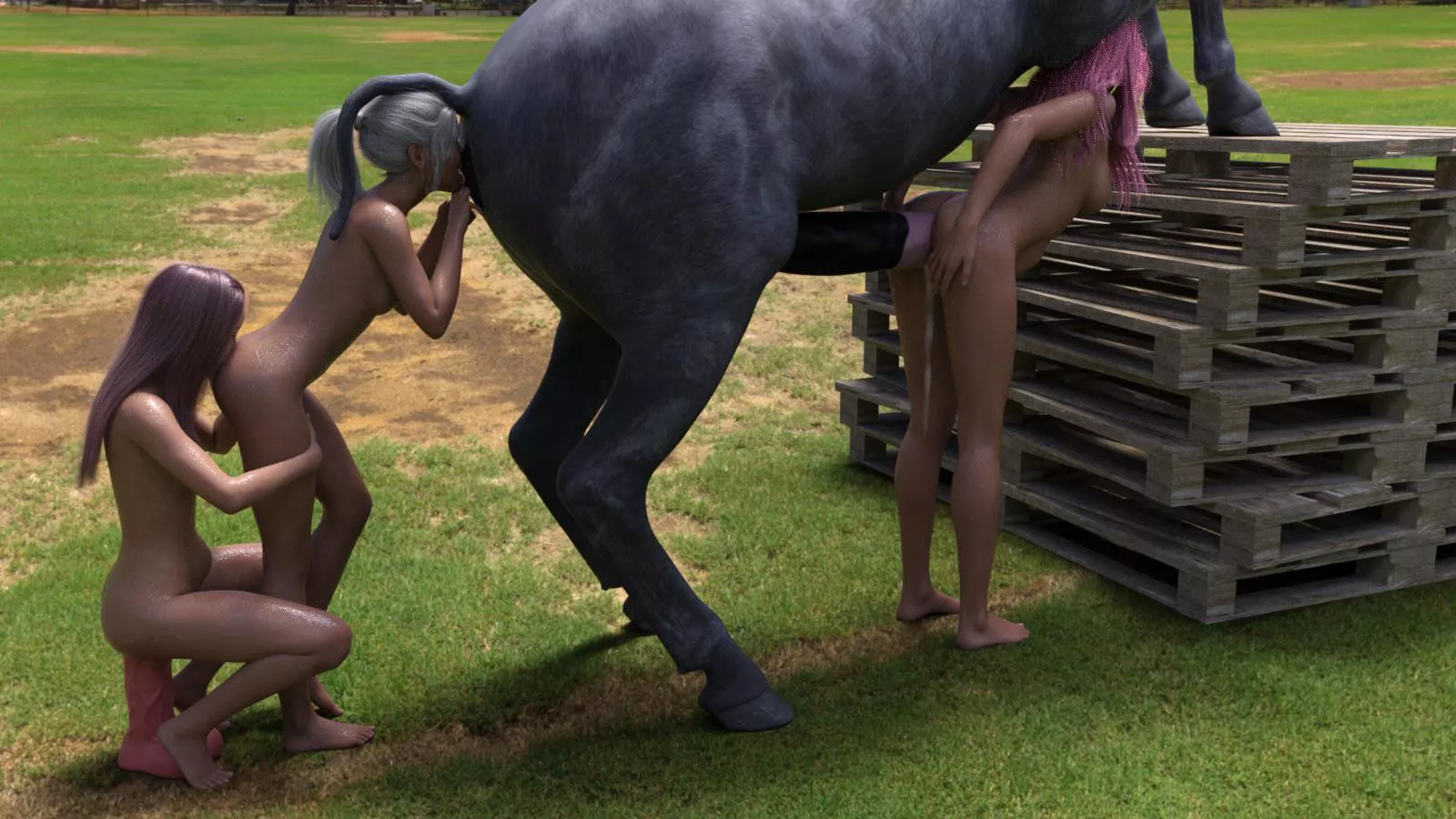 Cute babes playing with each other and their horse (wrecked3d) posted by Just4Friends69