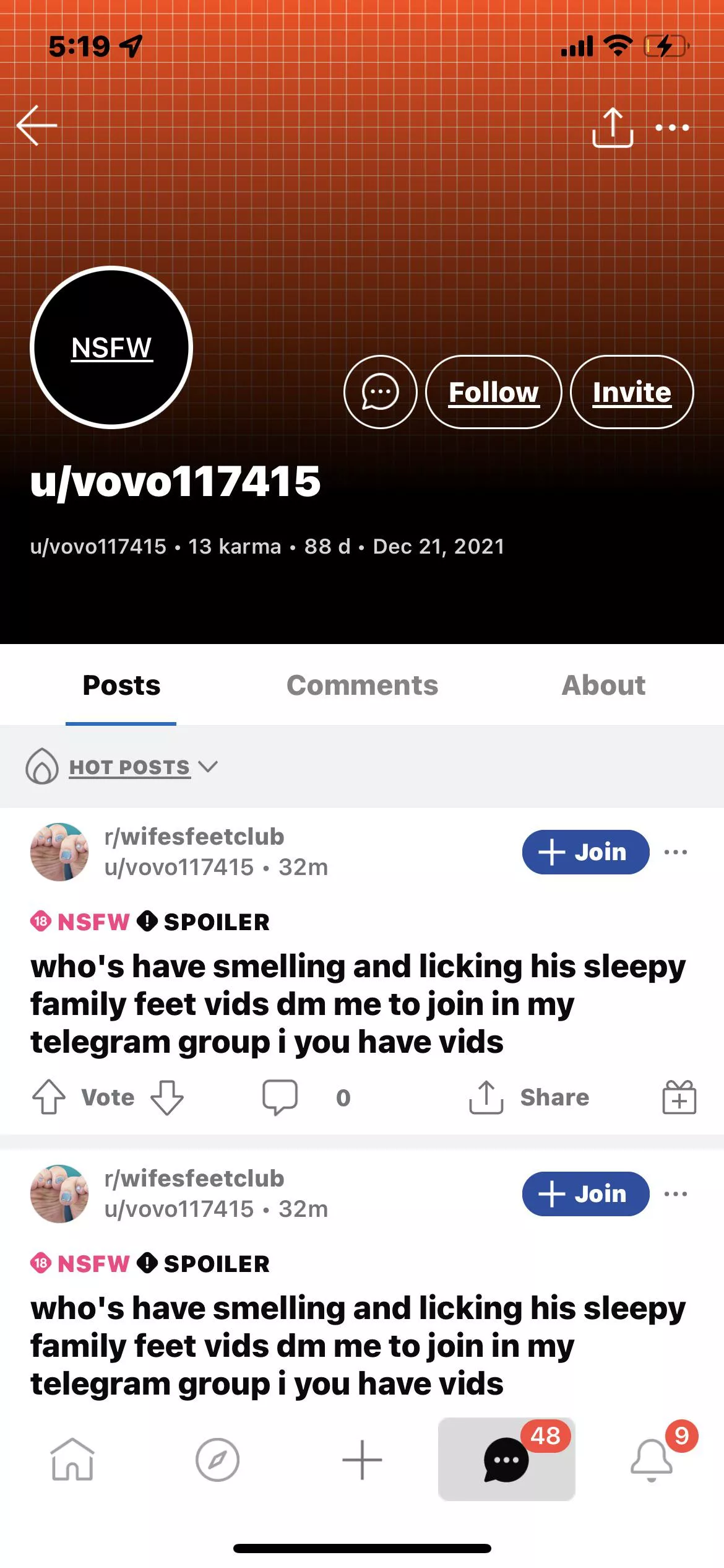 don’t add this guy on telegram don’t talk to him he is a scammer he’ll just take your pics that you have and block u after posted by ilovefeet562