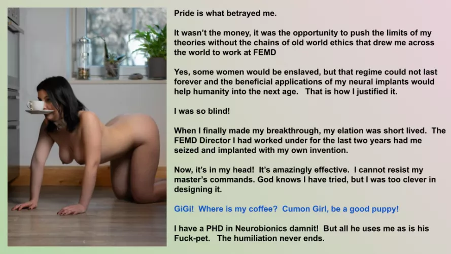 Dr. Gina Tarantella, an immoral scientist caught in her own web. Now GiGi is in the doghouse of.. the Maledom zone. by LordOseleon