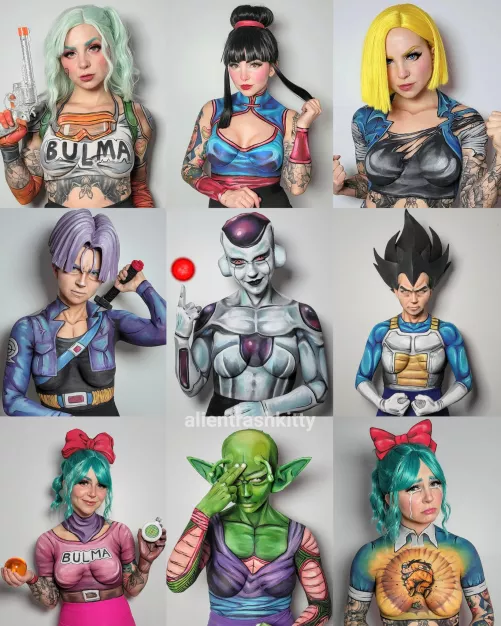 Dragon Ball characters in bodypaint cosplay by AlienTrashKitty by AlienTrashKitty