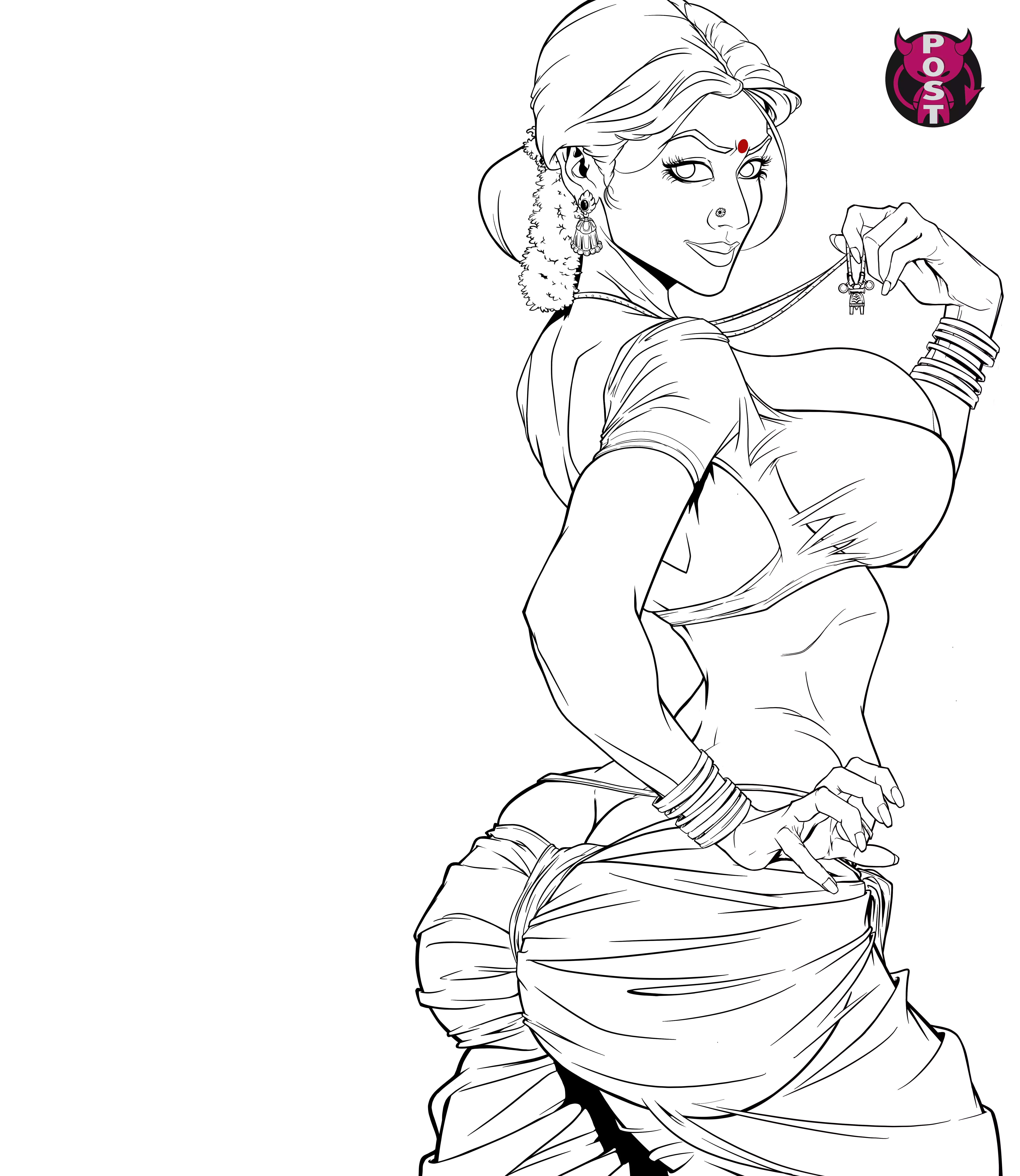 Drawing of hot Indian bhabhi in kashta saree- lineart posted by Suspicious_Roof9070
