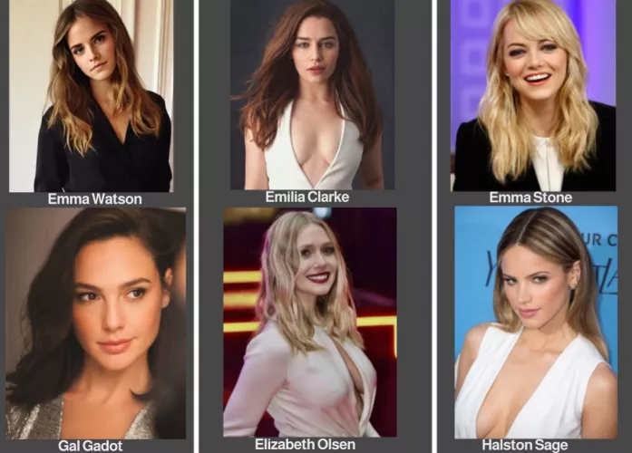 Emma Watson vs. Emilia Clarke vs. Emma Stone vs. Gal Gadot vs. Elizabeth Olsen vs. Halston Sage by lemosiii