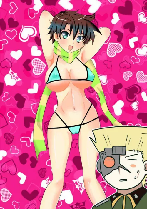 Female Joseph Joestar in her bikini with her arms up showing her armpits with the hot pink background with hearts with Stroheim on the bottom right corner by NORlAKlKAKYOlN