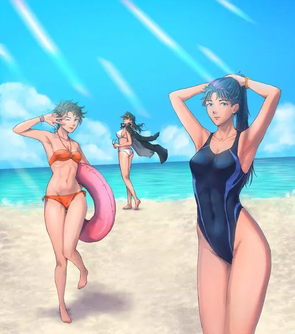 Female Joseph, Jotaro and Jonathan in their bikinis at the beach and on the left Joseph is holding a floater with her left hand and her right arm is up showing her armpit and on the middle Jotaro is wearing her jacket at the beach and on the right Jonath posted by NORlAKlKAKYOlN