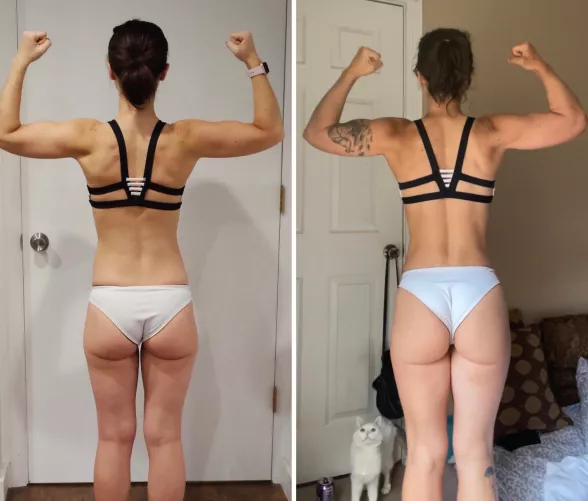 Figured I’d share the backside progress too. Body recomp is so cool! Hard work pays off 😊 by Curiousmusclegirl