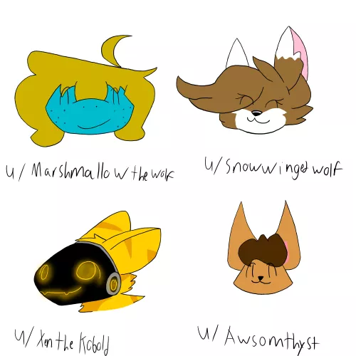 Finally got another 4 furry artists headshots done. I plan on doing one more. (Drawn by me, received permission from all these people to draw it.) Comment if you wanna be considered for the next one by programofuse