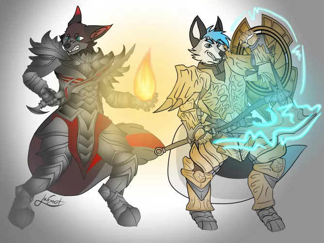 Finished commission for Drache33 of his and I’s sonas in daedric and dragon bone armor! by Jubzart