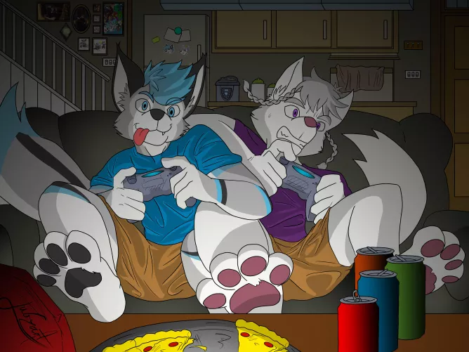 Finished commission for my bud u/LarkH03! Two buds gaming into the night! What do you think they’re playing? And who is winning? by Jubzart
