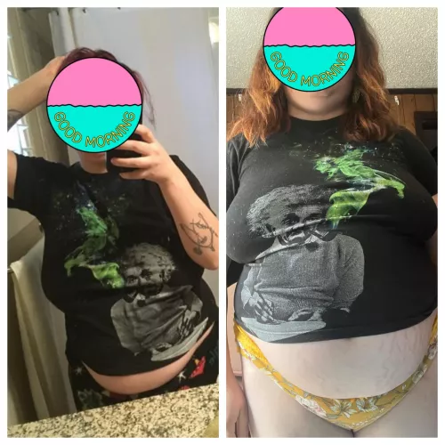 First picture is after I gained around 60 pounds vs the next which is the last 40 or so since then. Didn’t realize that I looked much different or that this shirt has become so cropped by glittergem251