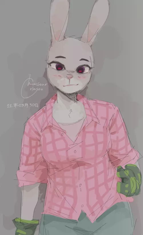 First post... drew Judy Hopps in her country side fit because ive been drawing zootopia content lately <333 by monsieur66