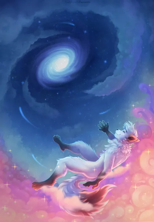 Fluffy White Wolf Flying in Clouds and Space (artist: me, Twitter @Piiunivers) by Piiunivers