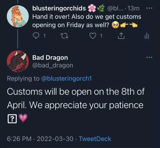 For anyone wondering when customs will be open, it’s April 8th :-) by blusteringorchids